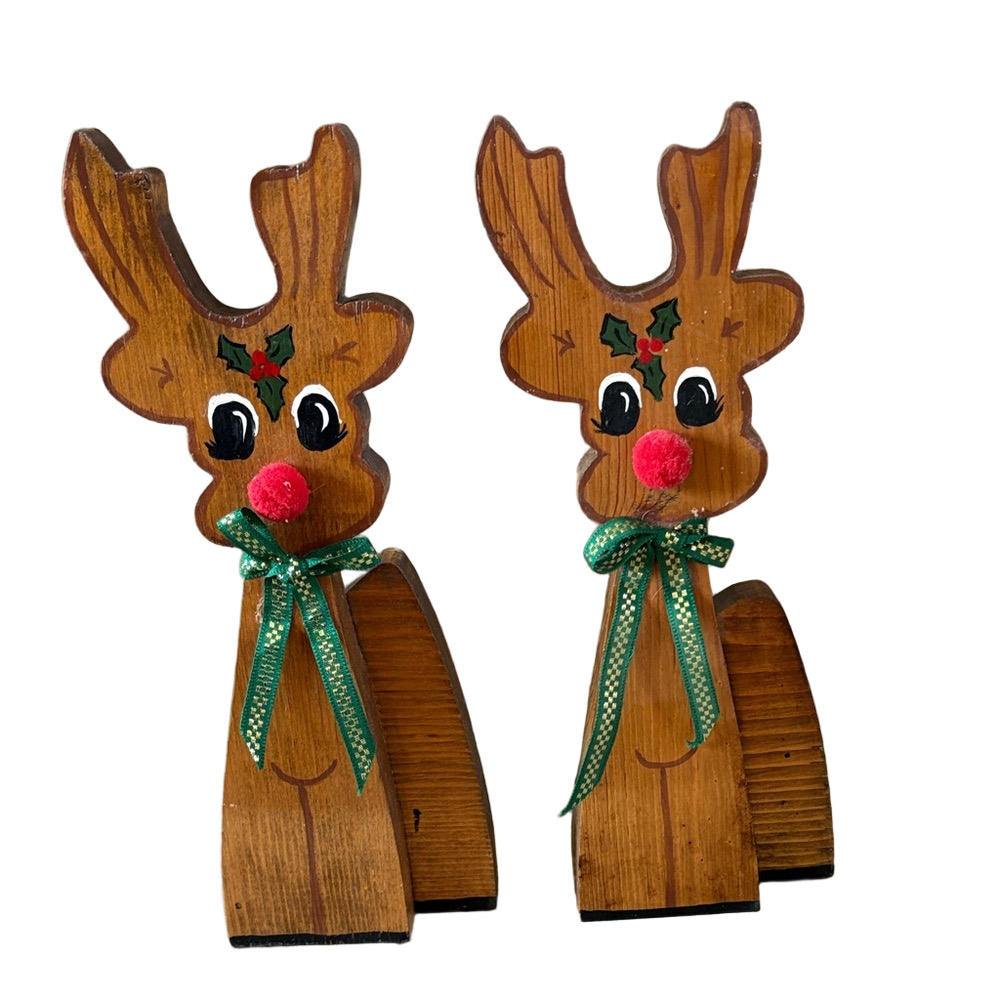 Handmade Wooden Reindeer with Green Bow and puff ball nose